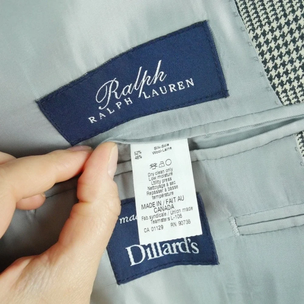 Ralph Ralph Lauren Silk Wool Glen Plaid Sport Coat Blazer Grey Blue 40L Preppy